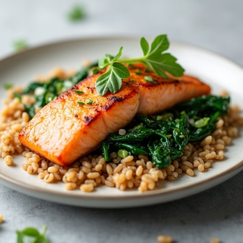 Seared Salmon with Garlic Spinach and Brown Rice