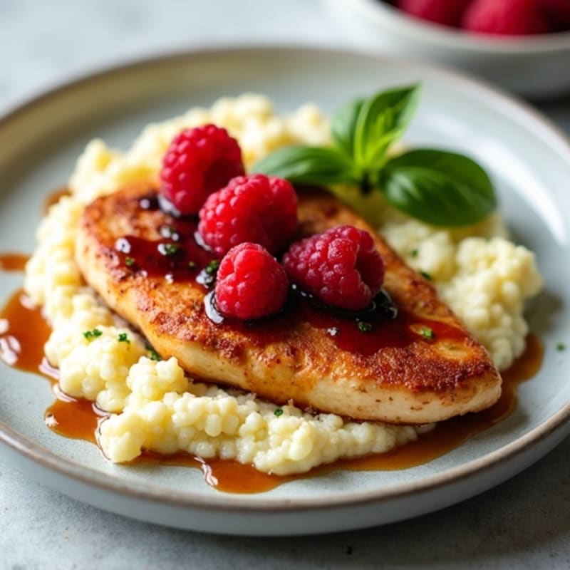 Pan-Seared Chicken with Raspberry Balsamic Glaze and Creamy Garlic Cauliflower Mash
