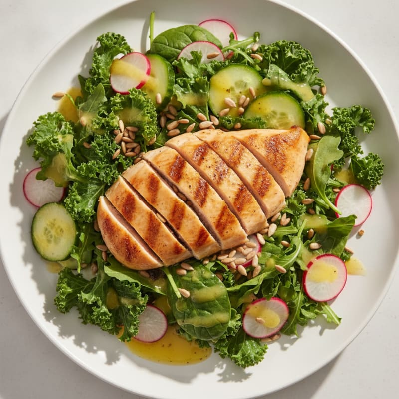 Grilled Chicken Breast Salad with Crunchy Greens and Lemon Vinaigrette