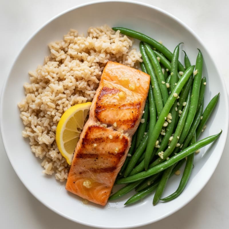 Seared Salmon with Garlic Green Beans and Brown Rice