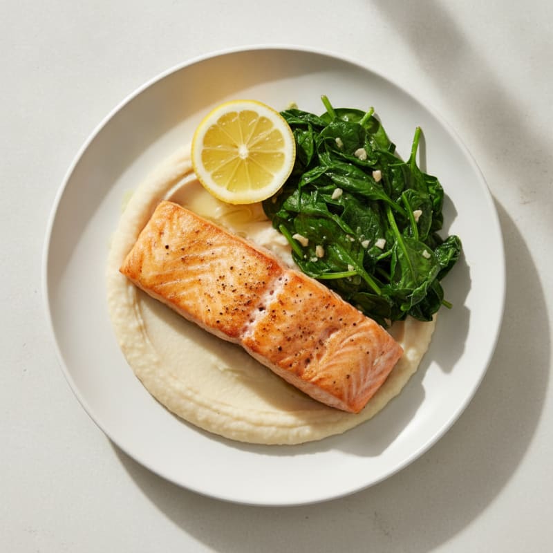 Seared Salmon Fillet with Creamy White Bean Mash and Sautéed Spinach