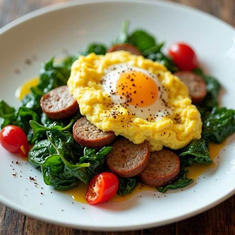 Egg White and Turkey Sausage Scramble with Sautéed Spinach
