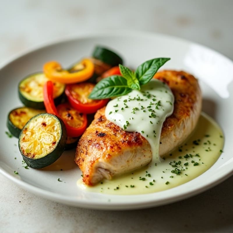 Chicken with Creamy Pesto and Roasted Vegetables