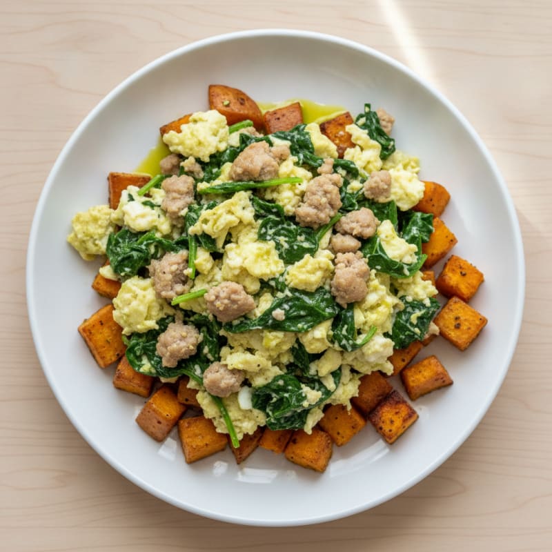 Egg White and Turkey Sausage Scramble with Spinach and Roasted Sweet Potatoes