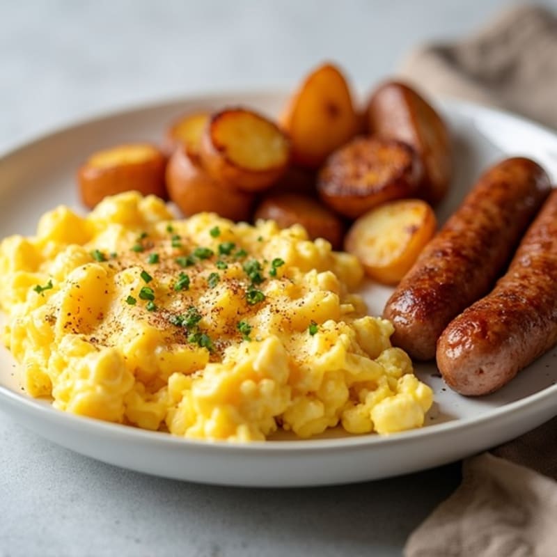 Scrambled Eggs with Chicken Sausage and Roasted Potatoes