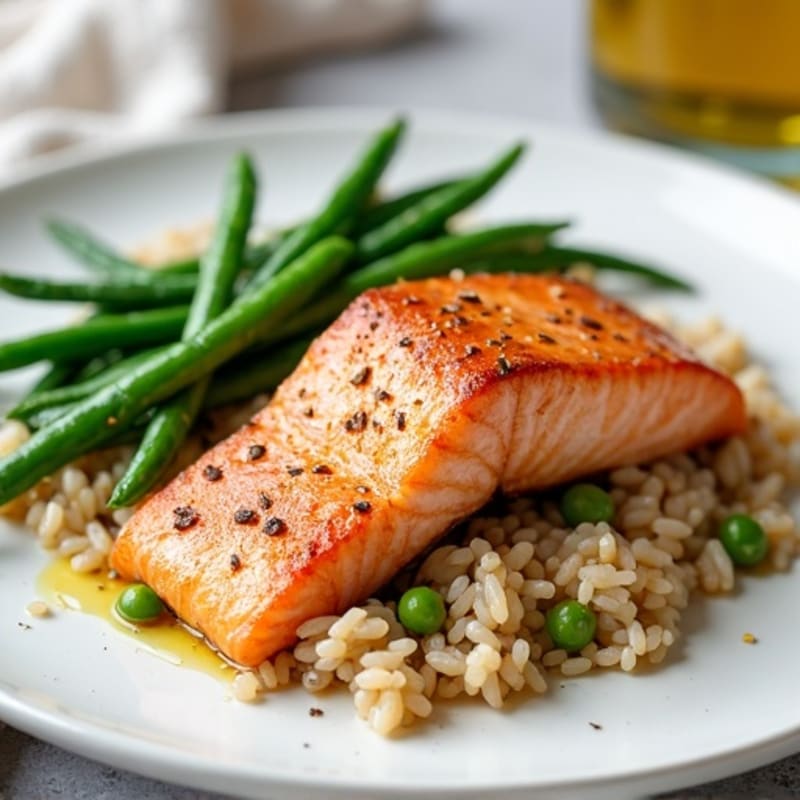 Seared Salmon with Garlic Green Beans and Brown Rice