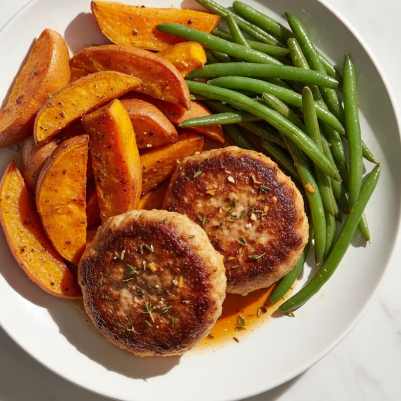 Seared Turkey Patties with Roasted Sweet Potato and Green Beans