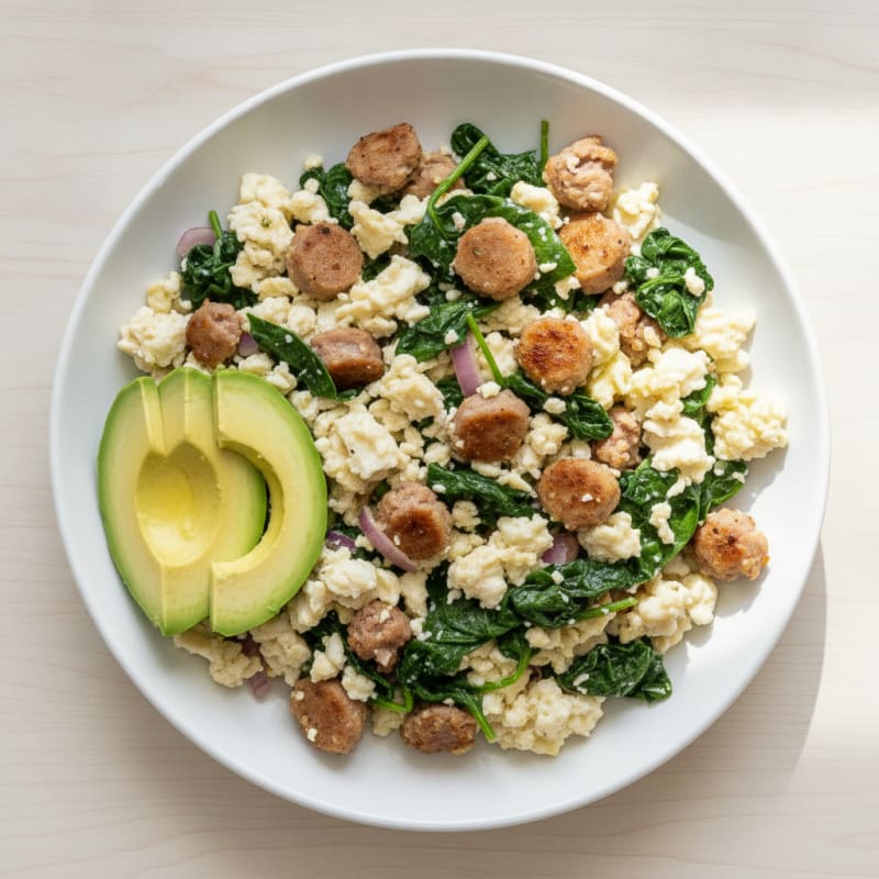 Egg White and Turkey Sausage Scramble with Sautéed Spinach