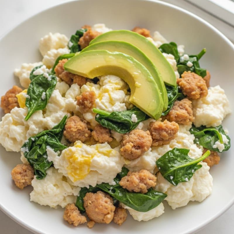 Egg White Scramble with Turkey Sausage and Spinach