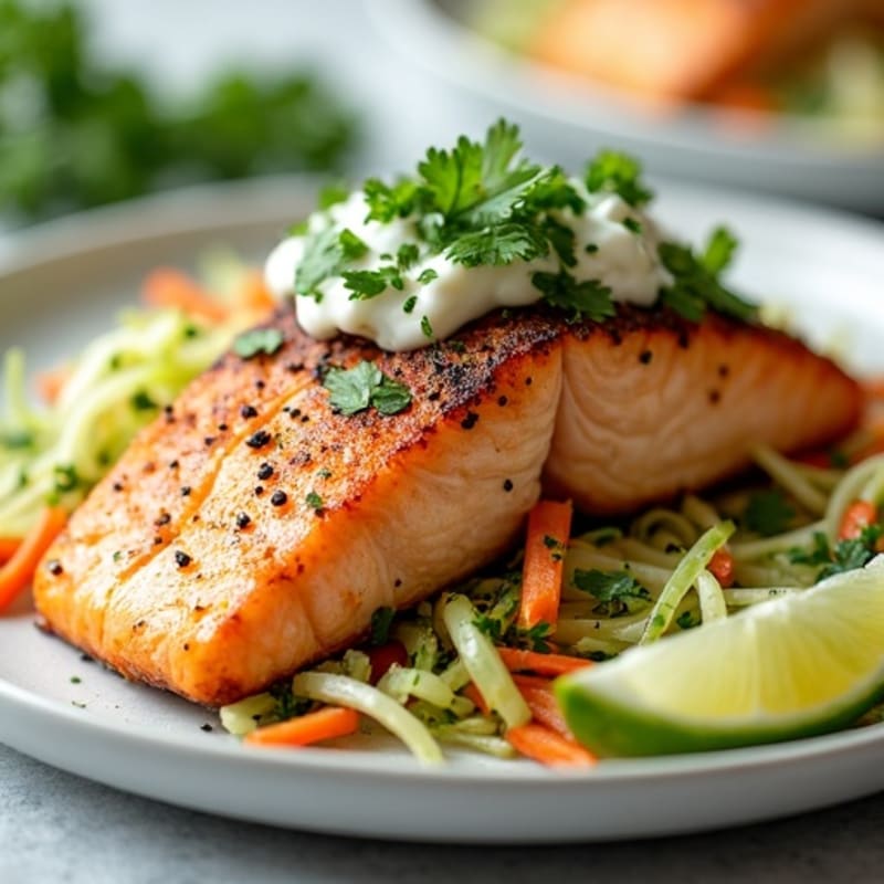 Crispy Roasted Salmon with Creamy Cilantro-Lime Slaw