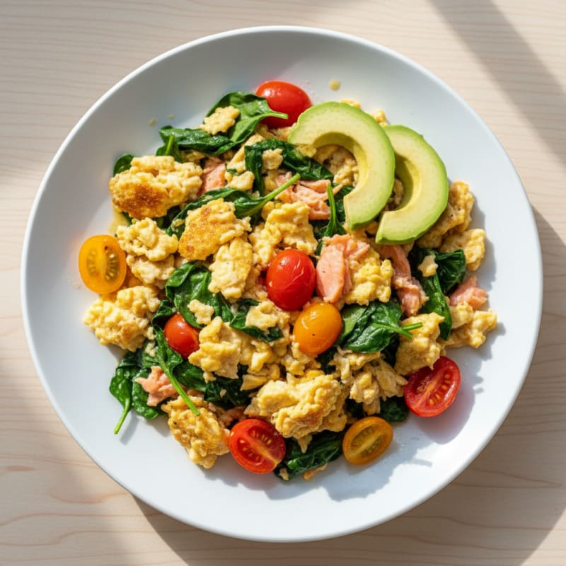 Smoked Salmon Egg Scramble with Spinach and Tomatoes