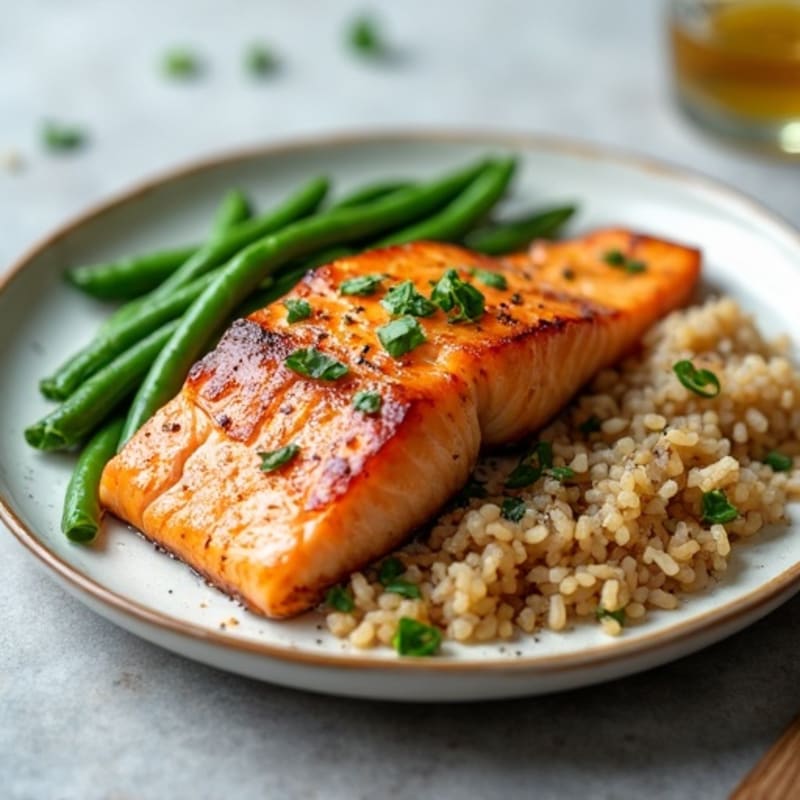 Seared Salmon Fillet with Garlic Green Beans and Brown Rice Pilaf