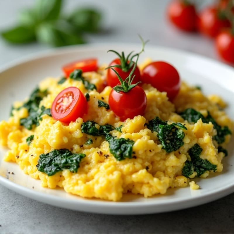 Fluffy Scrambled Eggs with Sautéed Spinach and Cherry Tomatoes