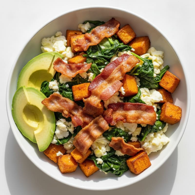 Crispy Turkey Bacon and Egg White Breakfast Bowl with Sautéed Spinach