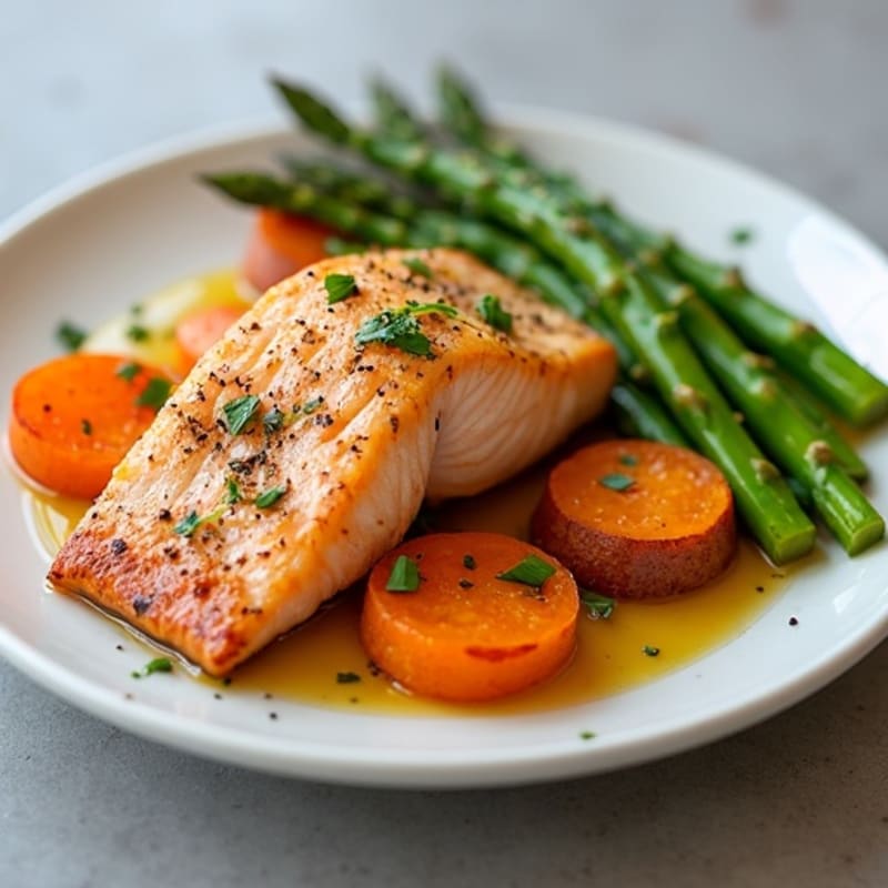 Seared Salmon with Roasted Sweet Potato and Asparagus