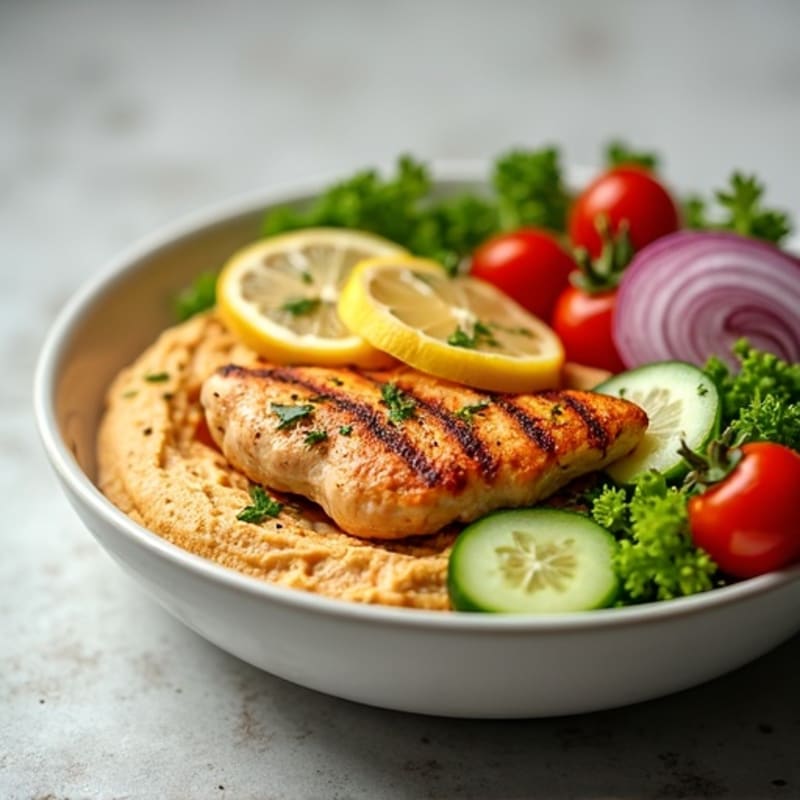 Creamy Hummus Bowl with Lemon-Garlic Chicken and Fresh Crunchy Vegetables