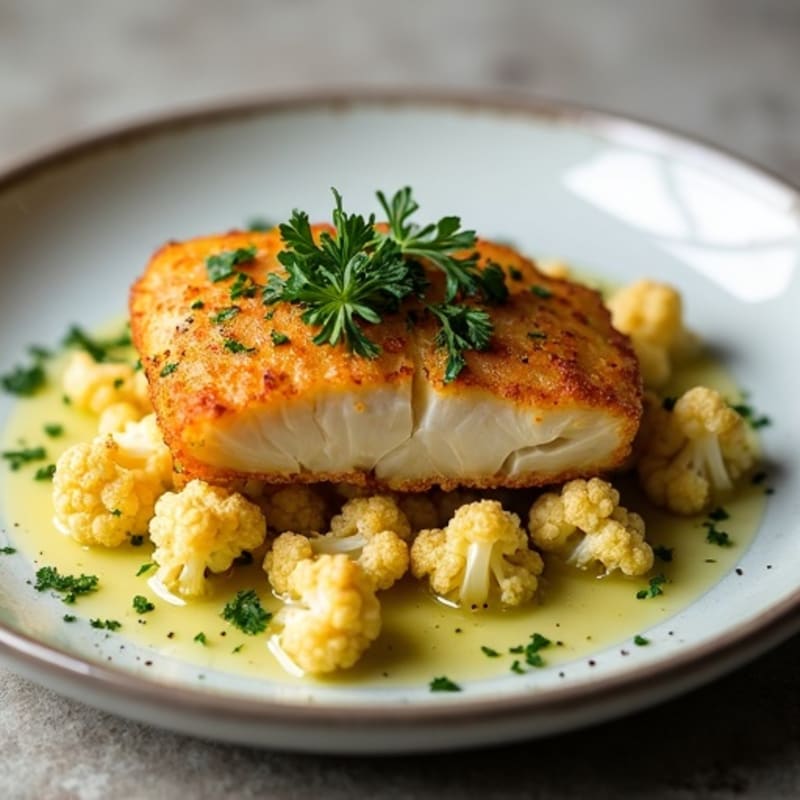 Crispy Pan-Seared Cod with Smoky Roasted Cauliflower and Fresh Herb Gremolata