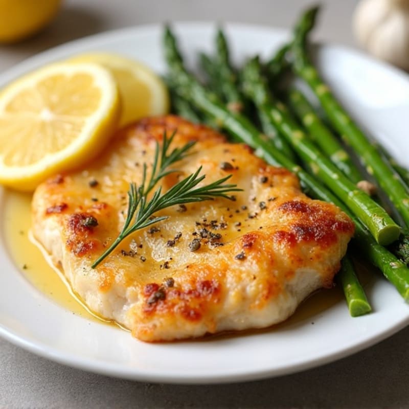 Crispy Lemon Garlic Pan-Seared Chicken with Roasted Asparagus
