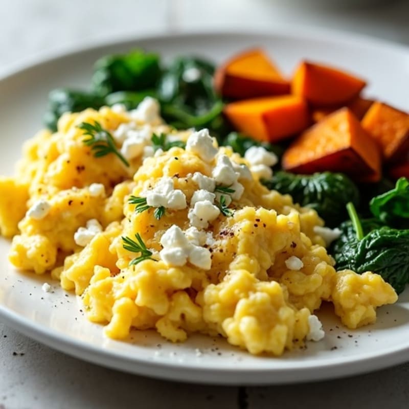 Fluffy Scrambled Eggs with Sautéed Spinach and Roasted Sweet Potatoes