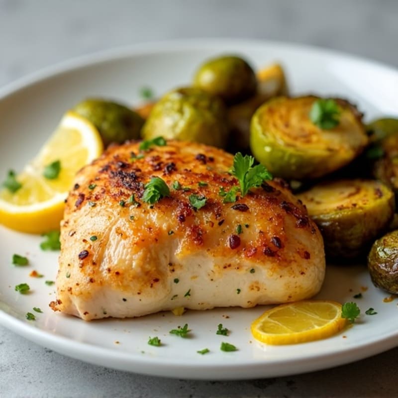 Lemon Garlic Pan-Seared Chicken with Crispy Air-Fried Brussels Sprouts