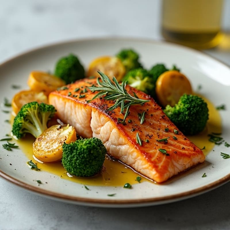 Herb-Crusted Pan Seared Salmon with Roasted Garlic Vegetables