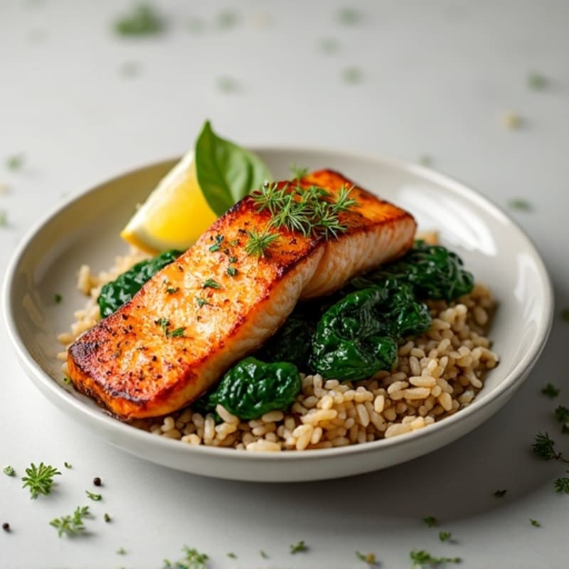 Seared Salmon with Garlic Spinach and Steamed Brown Rice