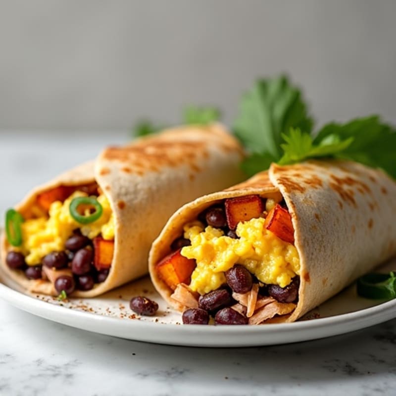 Loaded Scrambled Egg Breakfast Burrito with Crispy Sweet Potatoes and Black Beans