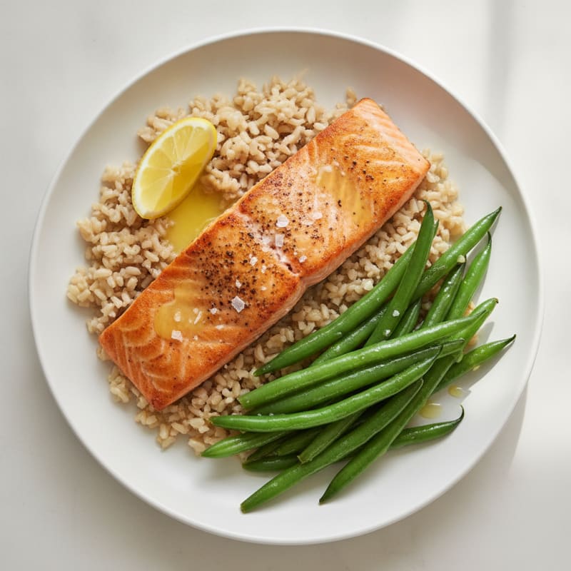 Seared Salmon with Steamed Green Beans and Brown Rice