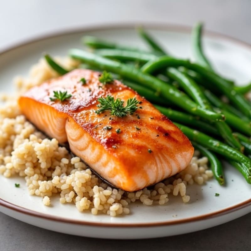 Seared Salmon with Garlic Green Beans and Brown Rice