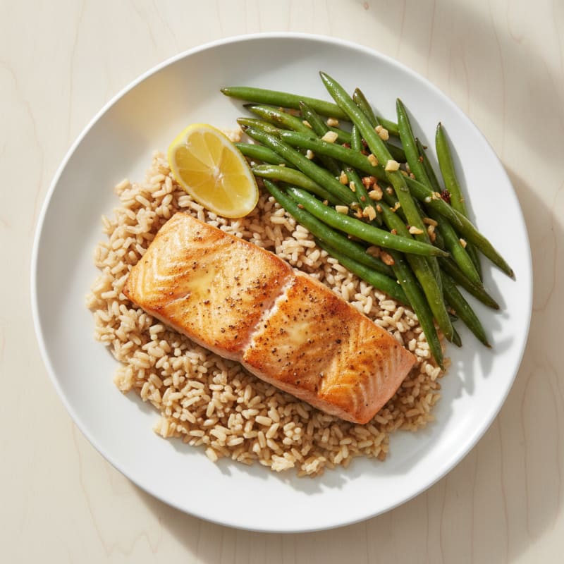 Seared Salmon Fillet with Garlic Green Beans and Brown Rice