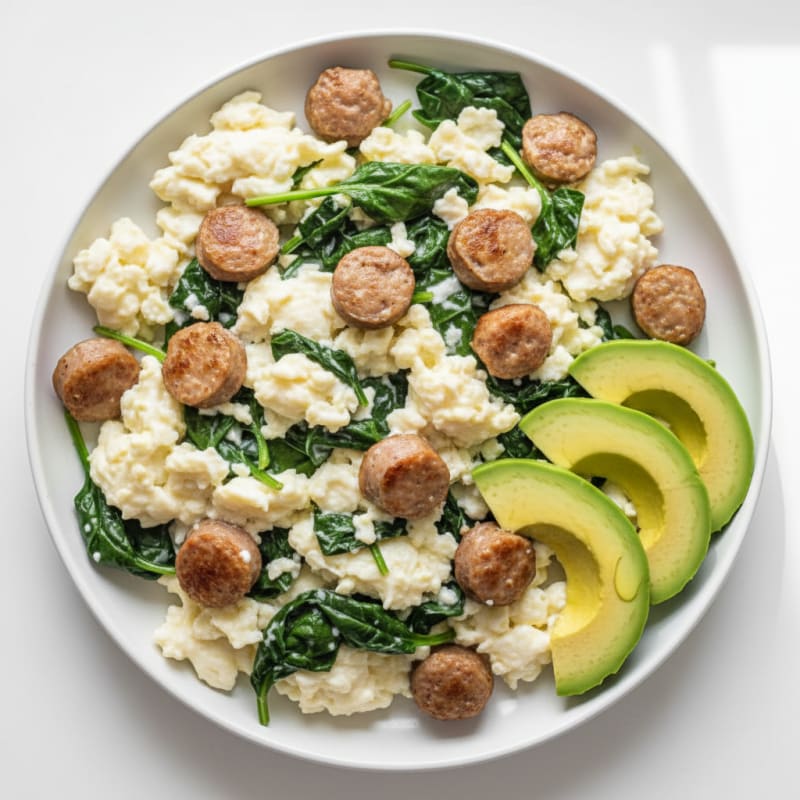 Scrambled Egg Whites with Turkey Sausage and Sautéed Spinach