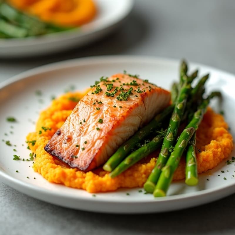 Seared Salmon with Roasted Asparagus and Sweet Potato Mash