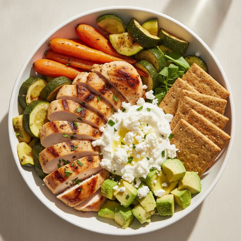 Grilled Chicken and Roasted Vegetable Power Bowl with Feta