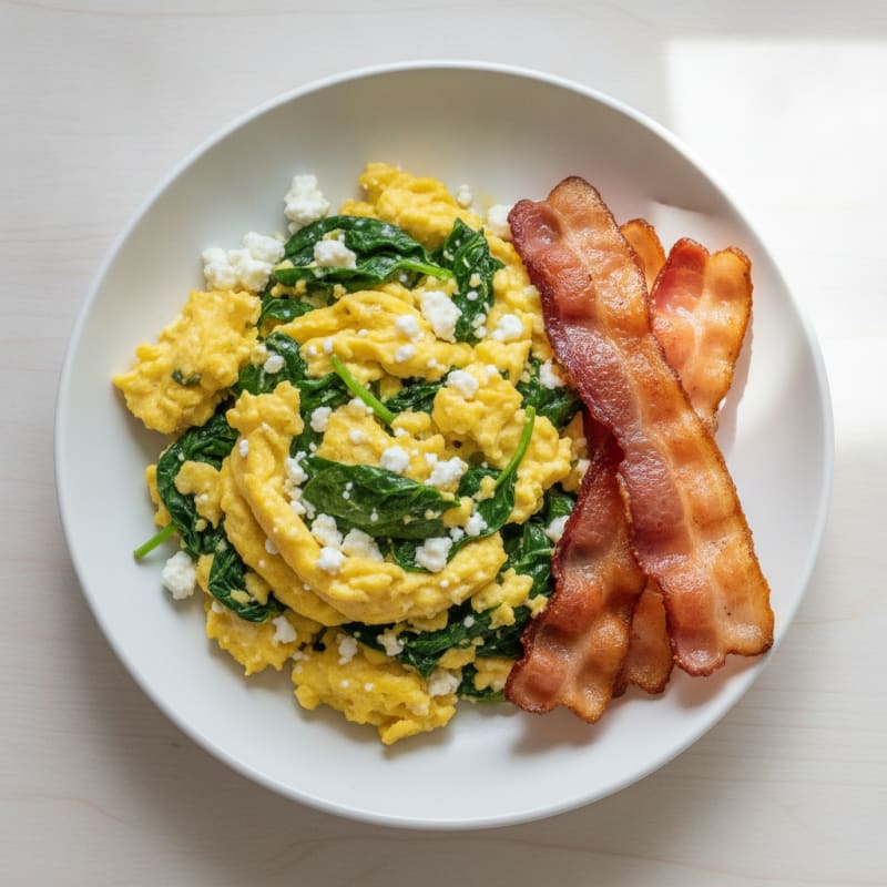 Cottage Cheese Scramble with Spinach and Turkey Bacon