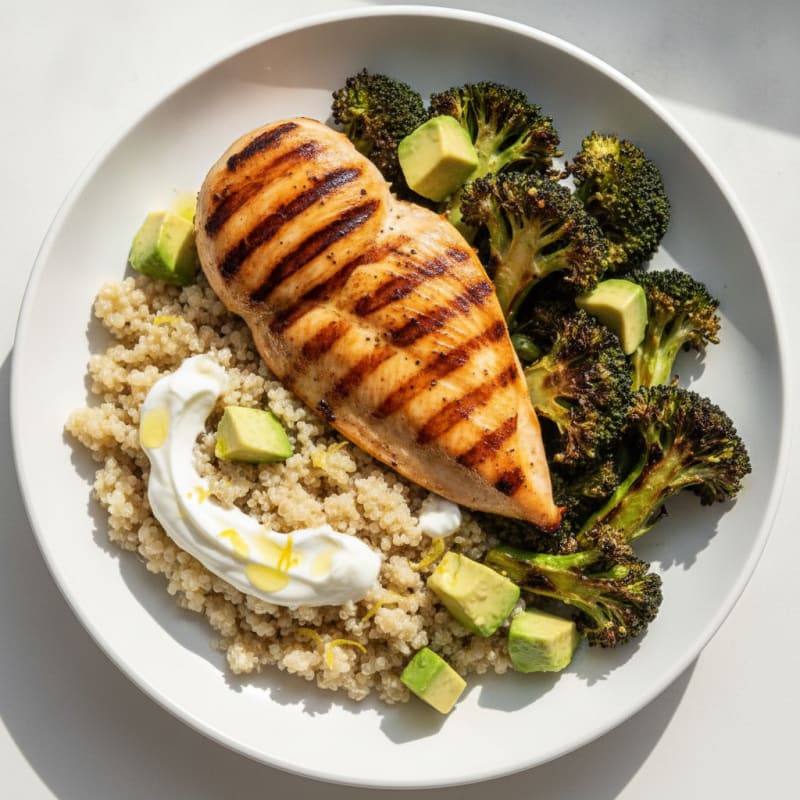 Grilled Chicken with Creamy Quinoa and Roasted Broccoli