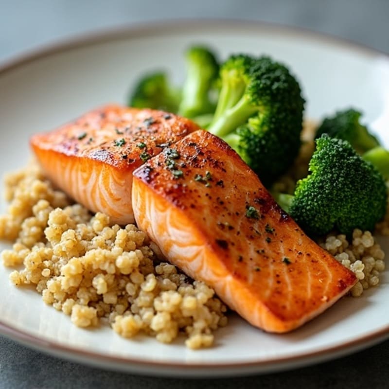 Seared Salmon Fillet with Steamed Broccoli and Garlic Quinoa