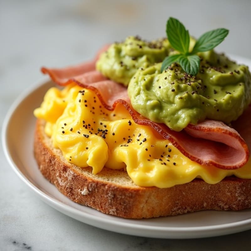 Fluffy Scrambled Eggs with Crispy Ham and Creamy Smashed Avocado Sourdough Toast