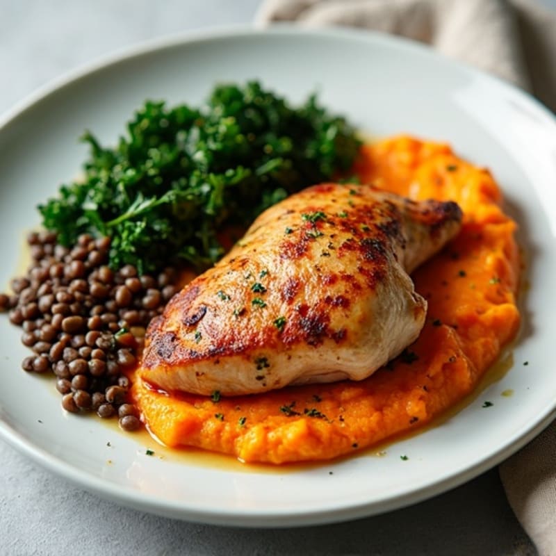 Roasted Chicken Thighs with Sweet Potato Mash, Steamed Kale & Beluga Lentils