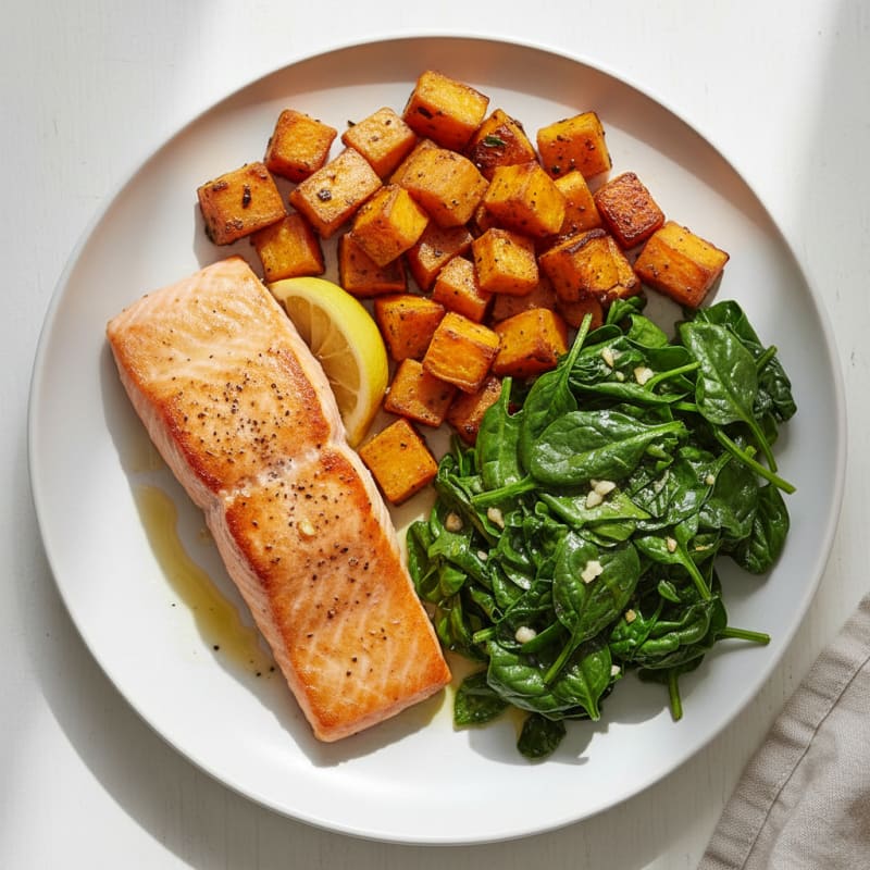 Seared Salmon with Garlic Spinach and Roasted Sweet Potatoes