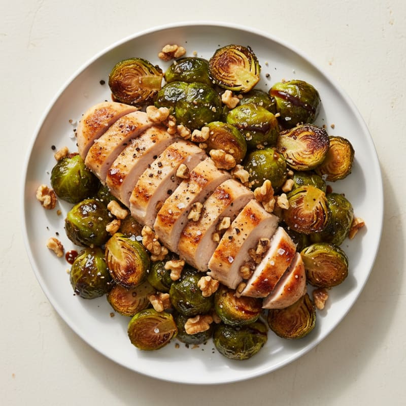 Caramelized Balsamic Brussels Sprouts with Toasted Walnuts and Chicken