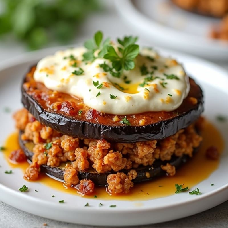 Baked Layers of Lean Ground Lamb and Roasted Eggplant with a Creamy Cauliflower Topping
