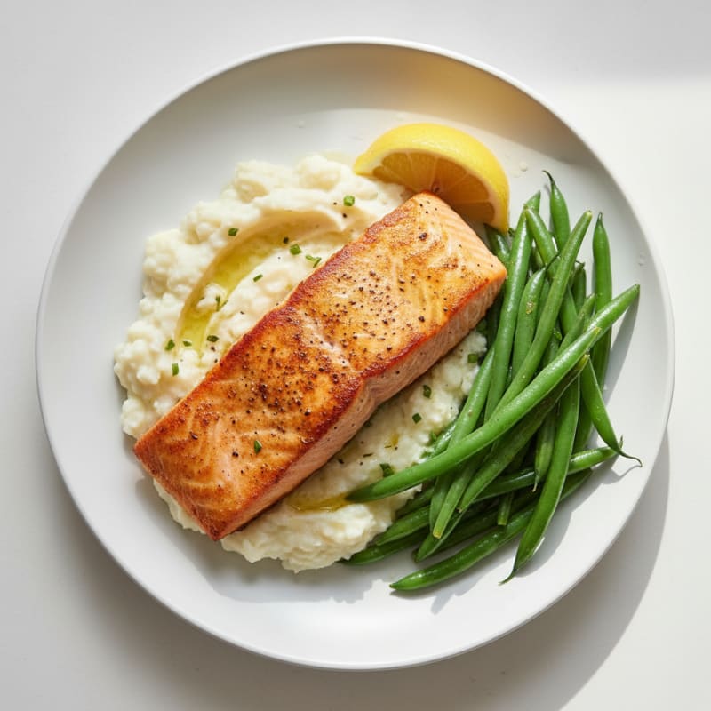 Seared Salmon with Steamed Green Beans and Garlic Mashed Cauliflower