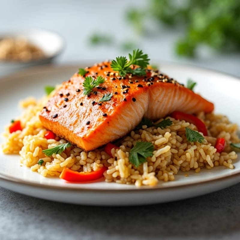 Roasted Salmon with Sesame-Ginger Rice and Crunchy Vegetables