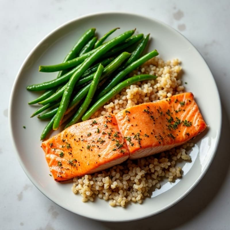 Seared Salmon with Garlic Green Beans and Brown Rice with Egg White Boost