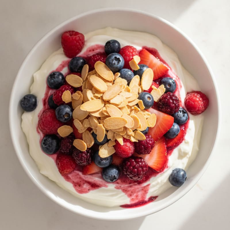 Greek Yogurt Protein Parfait with Mixed Berries and Almonds