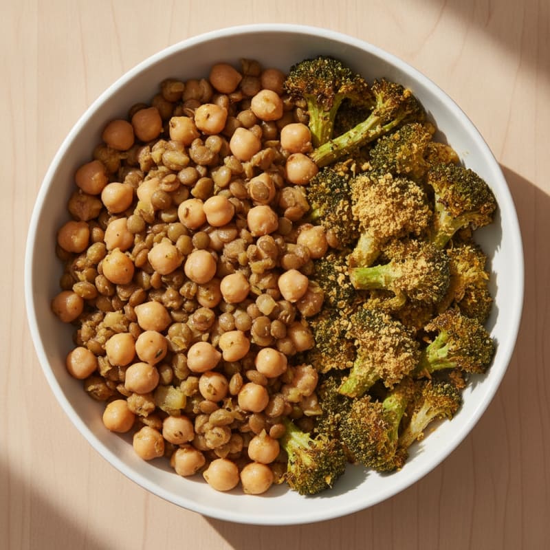 Chickpea and Lentil Power Bowl with Roasted Broccoli