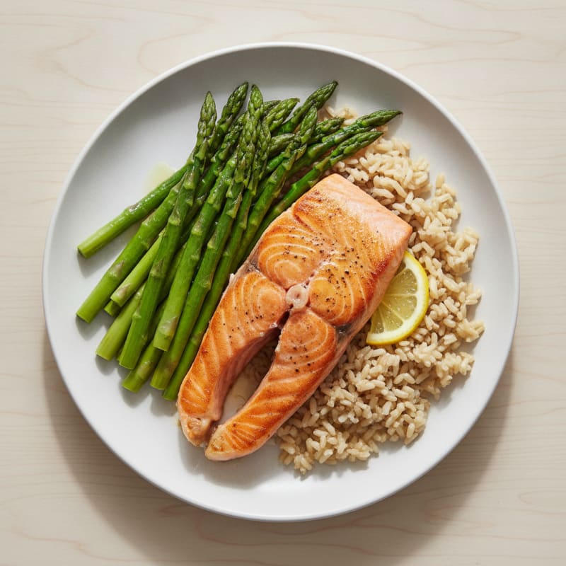 Seared Salmon with Steamed Asparagus and Brown Rice