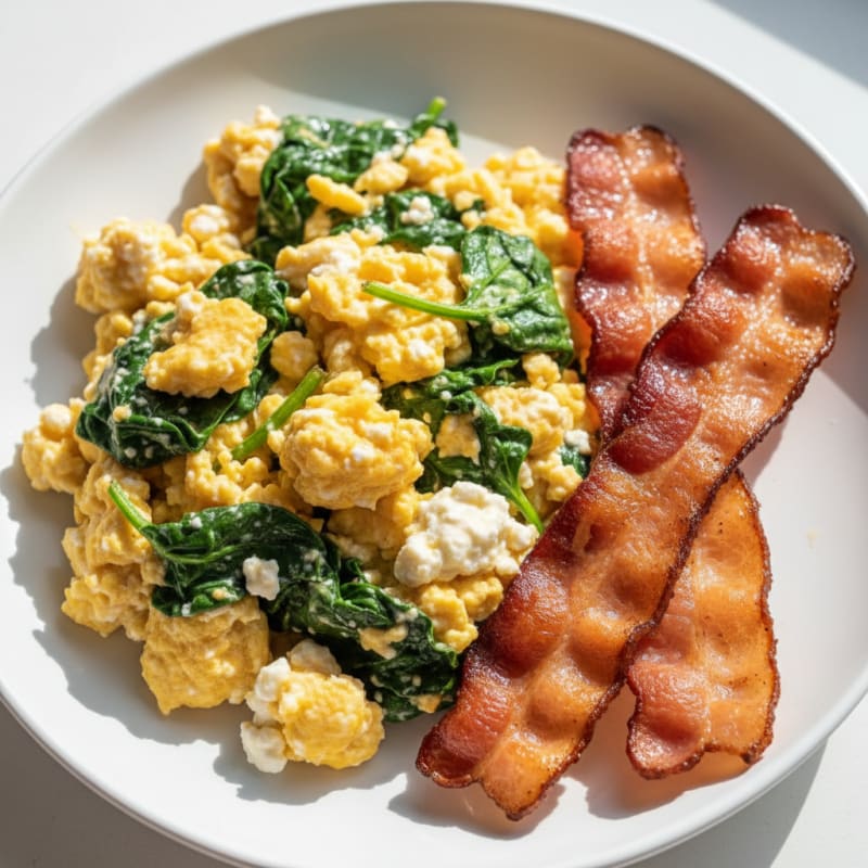 Cottage Cheese Egg Scramble with Spinach and Turkey Bacon