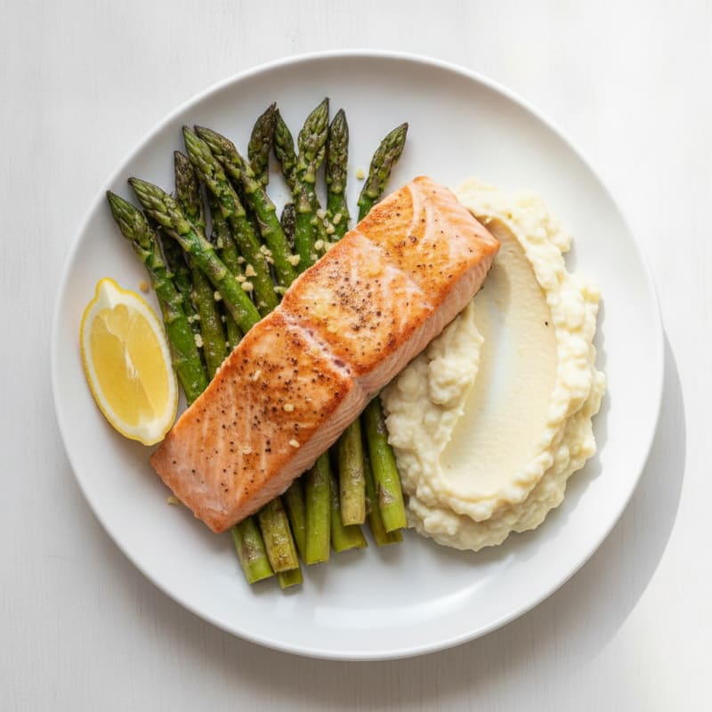 Seared Salmon Fillet with Roasted Asparagus and Cauliflower Mash