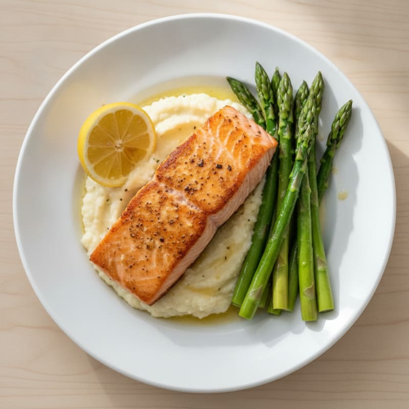 Seared Salmon with Steamed Asparagus and Cauliflower Mash